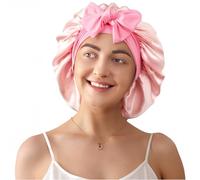 LitBear 100% Mulberry Silk Bonnet for Sleeping Women, 22 Momme Large Double-Layer Grade-6A Hair Bonnet for Sleeping Curly Long Hair, Hair Cap with Tie Band on Head for Hair Care, Pink