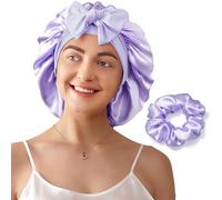 LitBear 100% Mulberry Silk Sleep Cap for Women, 6A 22 Momme Large Double Layer Real Silk Bonnet with Tie, Non Slip Silk Turban, Includes Silk Scrunchie, Purple