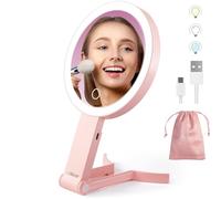 LitBear Travel Makeup Mirror With Lights, Rechargeable Double Sided 10X/1X Magnifying, Portable Lighted Beauty, 3 Color Lighting, Dimmable Touch Screen, Tabletop Handhold Hanging (Pink)