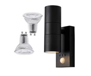 LITECRAFT Kenn Outdoor Up & Down Wall Light with PIR Motion Sensor & LED Bulbs - (Black)