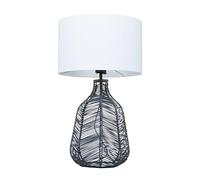 LITECRAFT Table Lamp Rattan Styled E27 Base with White Drum Fabric Shade - Grey