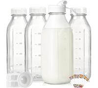 Liter Glass Milk Bottles w Scale, 100% Airtight Heavy Duty Screw Lid - 4 Pack 32 Oz Drinking Jars w Lids - Glass Bottles for Milk, Honey, Jam - Dishwasher Safe(Extra 2 Lids and 1 Pour Spout)