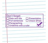 Literacy Basics Checklist Teacher Stamp. Self-inking, Reinkable. (Underline, Date, Title, SPaG etc.) (Purple)