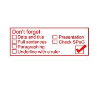 Literacy Basics Checklist Teacher Stamp. Self-inking, Reinkable. (Underline, Date, Title, SPaG etc.) (Red)
