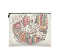 Literary Journey Makeup Bag, Vintage Floral Book Pattern Cosmetic Pouch for Women, Portable Canvas Zipper Toiletry Organizer, Peach, 7x9 Inch, Books