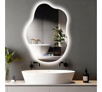 Litglobe Bathroom Mirror with LED Lights 70x50cm,Irregular Shape Illuminated Bathroom Mirrors,Wall Mounted Mirror with Anti-Fog,3 Colour Dimmable Lights,Touch Control,Time Display & Memory Function