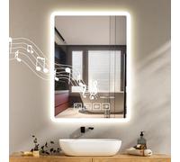 Litglobe Bluetooth Bathroom Mirror with LED Lights 50x70cm,Light Up Bathroom Mirror with Anti-fog,Wall Mounted LED Mirrors with Touch Switch,3 Colours,Dimmable,Time Display,Memory Function