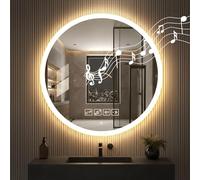 Litglobe Bluetooth Bathroom Mirror with LED Lights 60x60cm,Light Up Bathroom Mirror with Anti-fog,Wall Mounted LED Mirrors with Touch Switch,3 Colours,Dimmable,Time Display,Memory Function