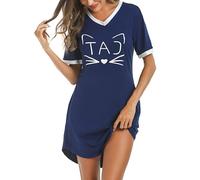 Litherday Women Nightshirts Cotton Ladies Nightdresses Nightwear With Pockets Nighties V Neck Sleepwear Short Sleeve Pajama Nightgown Loungewear,B Navy Blue,XXL