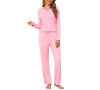 Litherday Womens Pyjama Sets Long Sleeve V-Neck Cotton Loungewear Pjs Set 2 Pieces Sleepwear with Pockets Drawstring S-XXL Pink