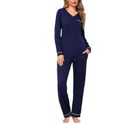 Litherday Womens Pyjama Sets Long Sleeve V-Neck Cotton Loungewear Pjs Set 2 Pieces Sleepwear with Pockets Drawstring S-XXL Navy