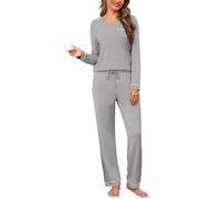Litherday Womens Pyjama Sets Long Sleeve V-Neck Cotton Loungewear Pjs Set 2 Pieces Sleepwear with Pockets Drawstring S-XXL Light Gray