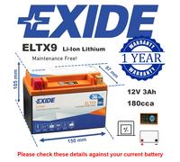Lithium Motorcycle Battery Bike Motorbike ELTX9 Exide Replaces YTX9BS