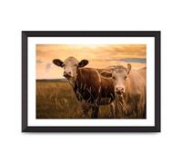 Lithobee - 2 Cows In Sunset - Printed Wall Art Design in Sizes A2, A3 & A4 Framed in a Stylish Quality Coloured Frame or Unframed (A3 Black Abraded Frame)