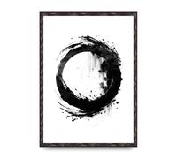 Lithobee - Black Zen Circle Enso on White Backdrop Home Wall Art Prints - A2 Brown Distressed Frame