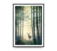 Lithobee - Deer Silhouette in Misty Forest Art Print Home Wall Art Prints in Sizes A2, A3 & A4 Framed in a Stylish Quality Coloured Frame or Unframed - A2 Black Brushed Frame