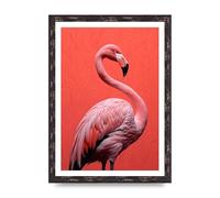 Lithobee - Flamingo in Black and White on Coral Home Wall Art Prints - A3 Brown Distressed Frame