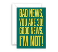 Lithobee - Funny Birthday Card - Bad News You Are 30 Funny Typography- Rude Birthday Cards for Mum Dad Son Brother Sister Best Friend - Humorous 30th 40th 50th Bday Cards