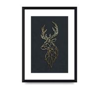 Lithobee - Geometric Gold Deer Head - Printed Wall Art Design in Sizes A2, A3 & A4 Framed in a Stylish Quality Coloured Frame or Unframed (A4 Black Brushed Frame)