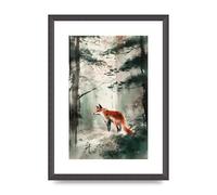 Lithobee - Kitsune Fox Emerges in Sumi-e Brushwork Home Wall Art Prints - A3 Black Grain Frame