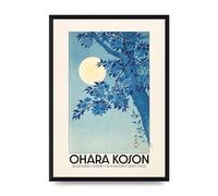 Lithobee - Ohara Koson Blossoming Cherry On A Moonlit Night 1932 - Printed Wall Art Design in Sizes A2, A3 & A4 Framed in a Stylish Frame or Unframed (A3 Black Brushed Frame)