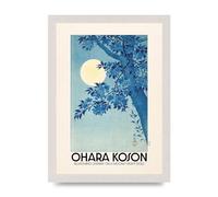 Lithobee - Ohara Koson Blossoming Cherry On A Moonlit Night 1932 - Printed Wall Art Design in Sizes A2, A3 & A4 Framed in a Stylish Frame or Unframed (A4 White Saw Cut Grain Frame)