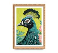Lithobee - Peacock Risograph Print with Emerald Backdrop Home Wall Art Prints - A4 Gold Ornate Frame