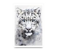 Lithobee - Snow Leopard Illustration with Frosty Blue Back Home Wall Art Prints - A3 Unframed