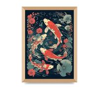 Lithobee - Vibrant Koi Fish Amidst Lotus Flowers Home Wall Art Prints - A3 Gold Abraded Frame