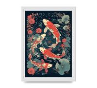Lithobee - Vibrant Koi Fish Amidst Lotus Flowers Home Wall Art Prints - A4 White Ornate Frame