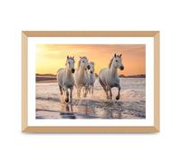 Lithobee - White Horses On A Beach Camargue France - Printed Wall Art Design in Sizes A2, A3 & A4 Framed in a Stylish Quality Coloured Frame or Unframed (A3 Gold Abraded Frame)