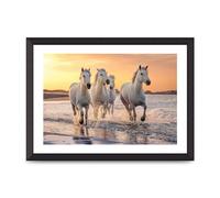 Lithobee - White Horses On A Beach Camargue France - Printed Wall Art Design in Sizes A2, A3 & A4 Framed in a Stylish Quality Coloured Frame or Unframed (A3 Black Abraded Frame)