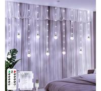 LitHome Christmas Wishing Ball Curtain Lights, 240 LED Fairy Lights Curtain with Remote, Battery Powered USB Globe Hanging String Light Silver Wire for Bedroom Windows Indoor Diwali Decoration (White)