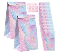 Litinliv 12PCS Mermaid Party Paper Bags, Kraft Paper Candy Bags with Stickers for Kids Birthday & Wedding