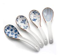 Litinliv 4PCS Ceramic Soup Spoons, Asian Ceramic Soup Spoons, White and Blue, Perfect for Ramen Pho Cereal Wonton Dumpling Miso