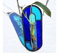 LITMIND Transparent Blue Stained Glass Propagation Station - Handcrafted Suncatcher Hanging Planter with 2 Glass Tubes, Multi-Color Hydroponic Wall Décor for Windows, Home & Garden