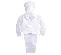 Lito Angels Baby Boys Satin Baptism Christening Outfit Formal White Suit with Bonnet Waistcoat 5 Pieces Set Age 6-9 Months, D - Long Sleeve