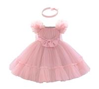 Lito Angels Baby Girls Tulle Flower Girl Dress Princess Birthday Wedding Party Outfit Fancy Ball Gown Costume with Bow Headband for Photoshoot Holiday Ceremony, Age 12 Months, Rose Pink