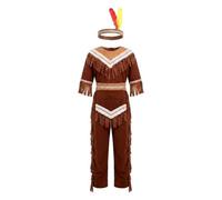Lito Angels Boys Native American Inspired Costume Set Includes Fringed Top Trousers & Feather Headband Kids Historical Dress Up Outfit for World Book Day Kids Age 8-9 Years Brown