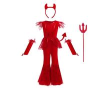 Lito Angels Girls Devil Costume Jumpsuit with Horns Headband and Trident, Flame Velvet Halloween Dress Up Hell Outfit Age 5-6 Years