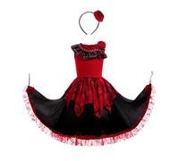 Lito Angels Girls' Spanish Flamenco Red Black Maxi Dress Kids Dance Costume with Hair Loop for Carnival Festivals Shows Age 5-7 Years