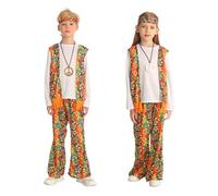 Lito Angels Hippie Costume for Kids 70s Peace & Love Fancy Dress Outfit with Necklace Headband Flared Trousers for Book Day Carnival Halloween Parade Retro Party Age 8-9 Years