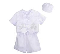 Lito Angels Infant Baby Boys Baptism Christening Outfit Formal Satin White Suit with Bonnet Cap Waistcoat 4 Pieces Set Age 3 Months, A - Short Sleeve