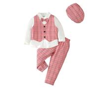 Lito Angels Little Kids Boys Gentleman Plaid Waistcoat Suit Set Formal Wedding Outfits with Hat Age 2-3 Years, Red