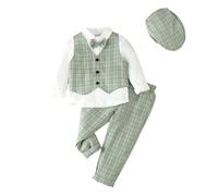 Lito Angels Little Kids Boys Gentleman Plaid Waistcoat Suit Set Formal Wedding Outfits with Hat Age 3-4 Years, Green