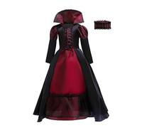 Lito Angels Noble Gothic Vampire Queen Fancy Dress Up Halloween Costume with Choker for Kids Girls Age 8-10 Years, Black and Burgundy