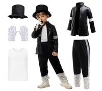Lito Angels Pop Super Star Costume 6pcs Set for Boys Kids, 80s 90s Retro Black Sequin Jacket Trousers Hat Glove, Stage Outfit Halloween Dance Performance Age 6-7 Years