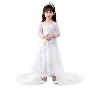 Lito Angels Princess Snow Queen White Sequin Fancy Dress Costume with Tulle Train Birthday Party Outfit for Girls Kids Age 4-5 Years