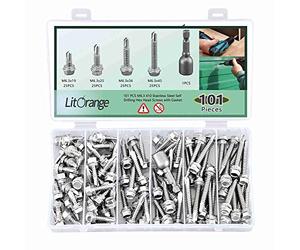 Litorange 101 PCS M6.3 Stainless Steel Self Drilling Hex Head Screws with Gasket, 4 Sizes of Hex Head Self Tapping Screws with Socket M6.3 * 19 25 32 45 mm, Boxed.
