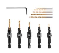 Litorange Pack of 5 Electrophoresis Black Drill Bits with Countersink for Wood, Wood Drill with 5 Titanium-Coated Hardened HSS Twist Drills, 1/4 Inch Hex Shank Quick Change Countersunk Drill Bits